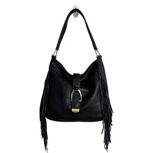 G.I.L.I. Black Pebbled Leather Fringe Hobo Bag Gold Hardware Boho